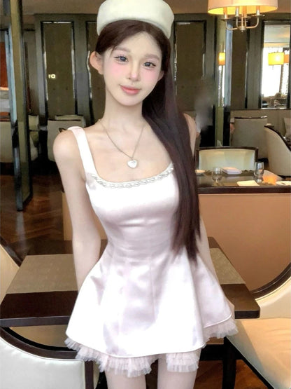Dresses Rhinestone Sleeveless Square Collar Patchwork French Style Mini Dress Party