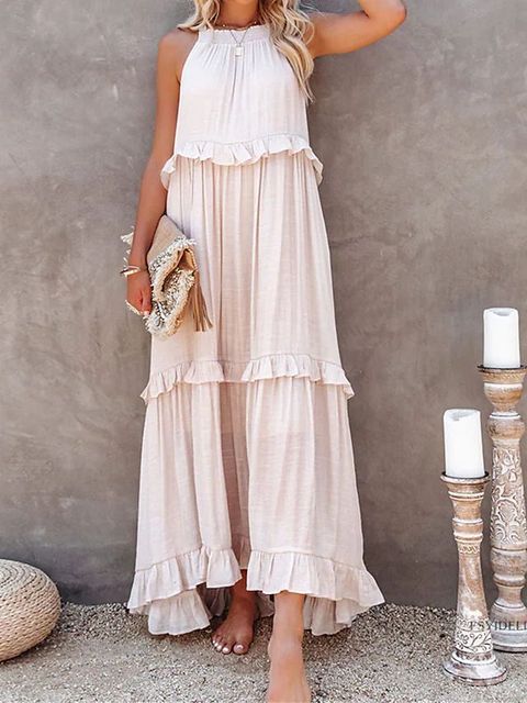Summer Vacation Style Halter Neck Long Dresses Backless Leace-up Loose Ruffles Beach Dress Vestidos