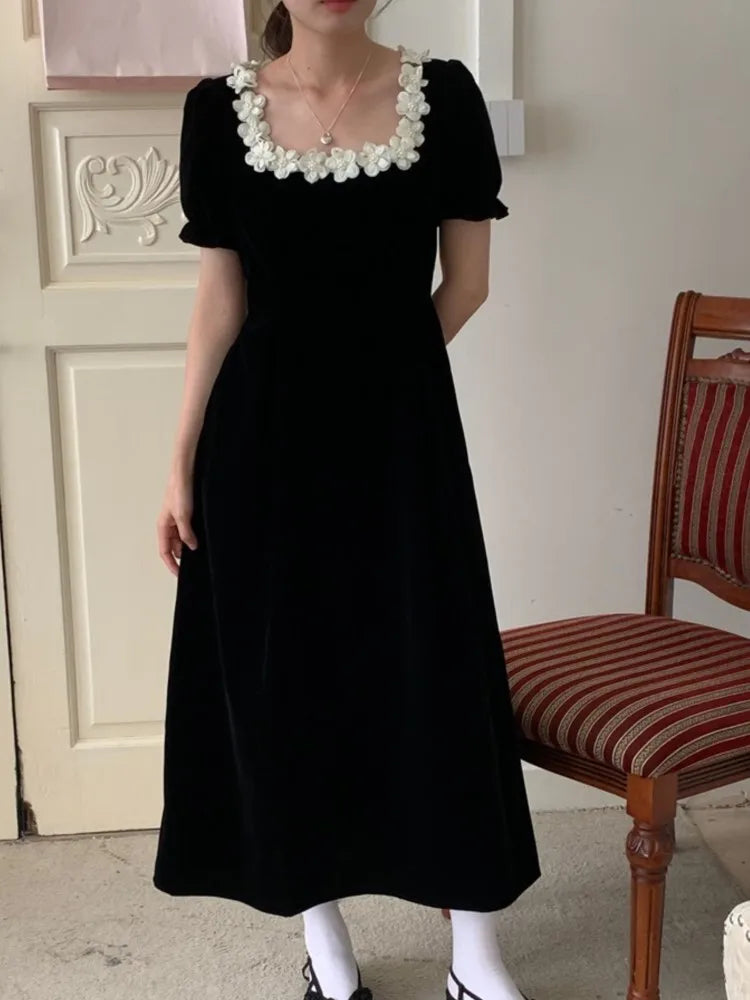 Autumn French Black Velvet Midi Dresses for Puff Sleeves Square Collar A-line Korean Vestido Mujer New