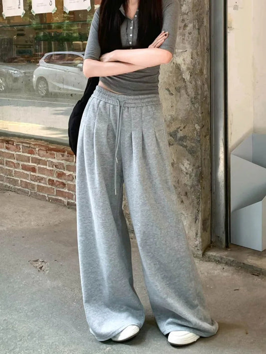 Gray High Waist Wide Sweatpants American Retro Y2k Harajuku Hip Hop Oversized Sports Pants Autumn