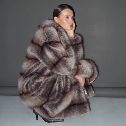 Brand Furry Faux Fox Fur Coat Winter Super Warm Fluffy Fur Jacket Female High Street Long Overcoat