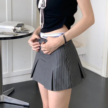 Contrast Color Patchwork Pleated Aline Skirt Spring New Fake Twopiece Letter Printed Slim Mini Skirt