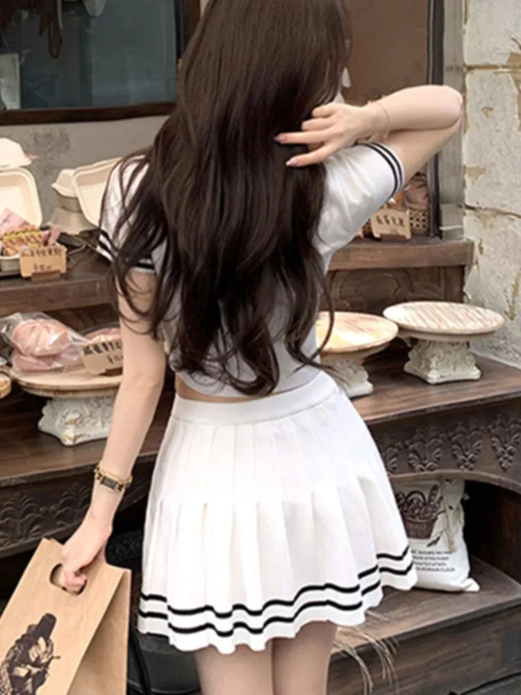 Korean Knitted Two-piece Set Short Sleeve Patchwork Cropped Top Pleated Mini Skirt Preppy Style Outfits New