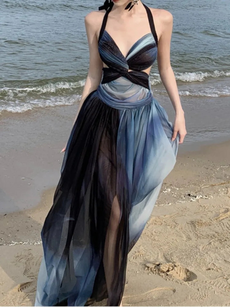 Halter Midi Dress Sleeveless Aline Party Beach Holiday Clothes Female Vestidos Robe