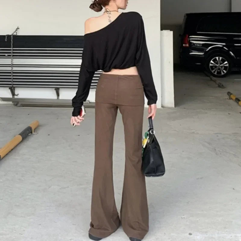 Korean Retro Splicing Color Allmatch Pants Autumn New Fake Twopiece Low Waist Slim Wide Leg Pants