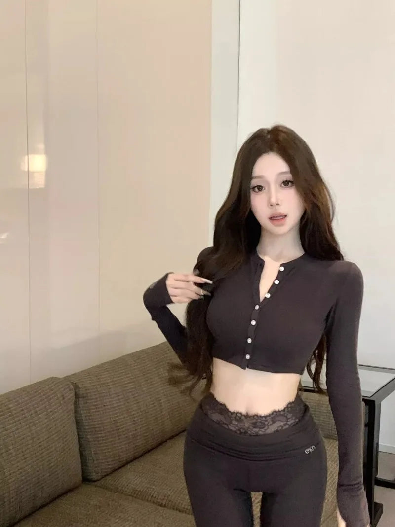 French Sweet Hot Girl Suit Spring Slim Fit Oneck Short Top High Waist Flare Pants Twopiece Set Female Clothes