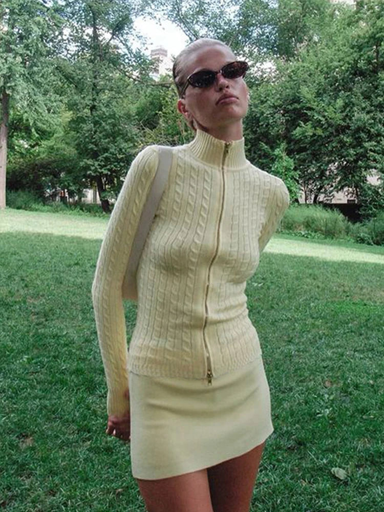 Knitted Zipper Sweater Woman Slim Fit Stand Collar Cardigan Sweaters Lady Autumn Versatile Street Knitwear