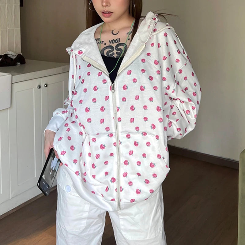Y2k Print Zipper Hoodie Harajuku Loose Hooded Sweatshirts Oversized Cardigan Basic Thin Coats Autumn