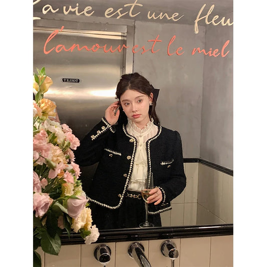 Cropped Tweed Jackets Black Thicken Coat Korean Single Breasted Blazer Warm Short Outerwear Tops