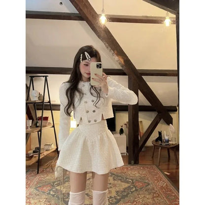 Sweet Double Breasted Long Sleeve Coat + Y2k Egirl High Waist Ruched Aline Skirts Spring New Two Piece Sets