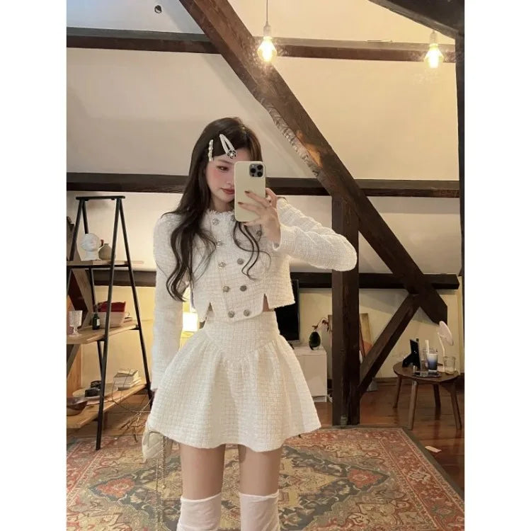 Sweet Double Breasted Long Sleeve Coat + Y2k Egirl High Waist Ruched Aline Skirts Spring New Two Piece Sets