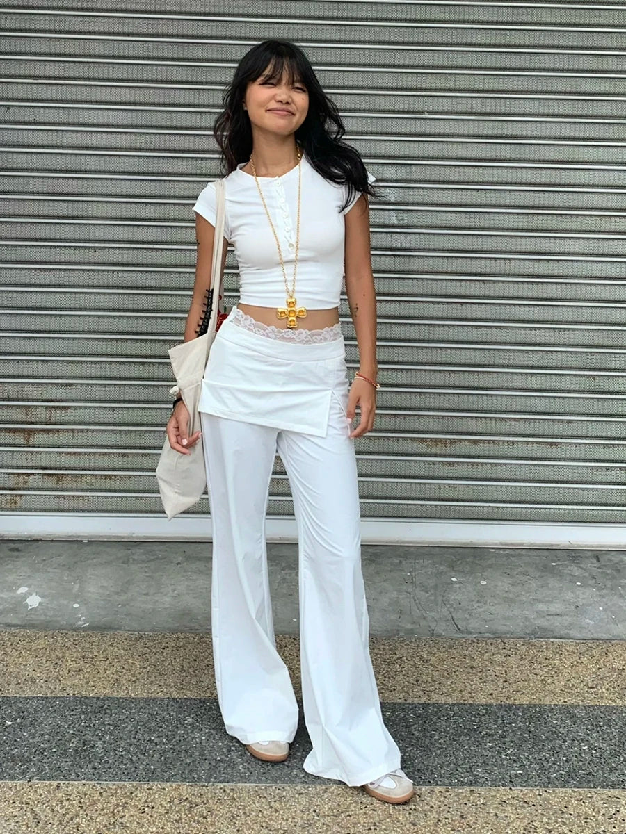 Lace Patch Strap Bootcut Pants White