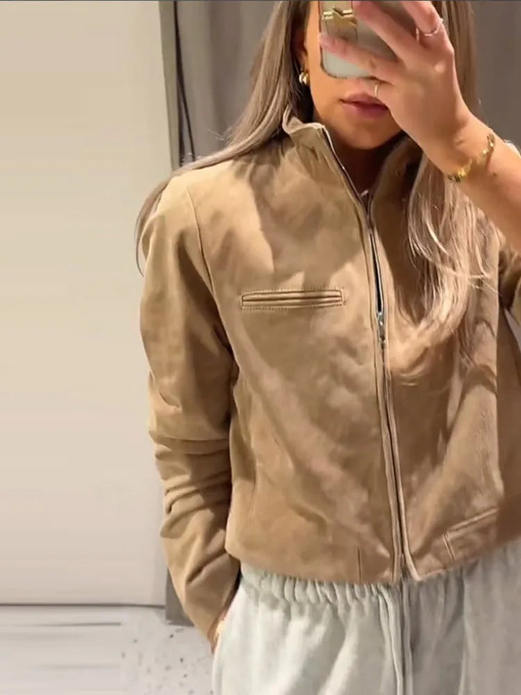Stand Collar Suede Leather Jacket Coat Zipper Retro Long Sleeved Biker Jackets Loose Front Shoulder Short Outwear
