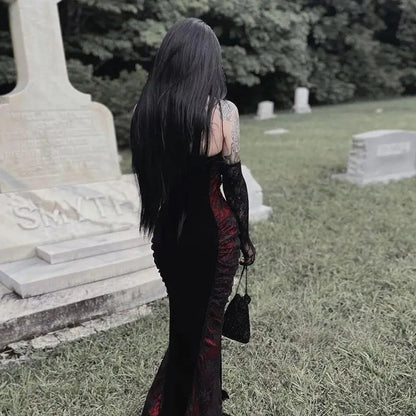 Dark Gothic Strapless Off Shoudler Dress for Halloween Costume Cinched Waist Slimming Wrapped Hip Fishtail Maxi Dress