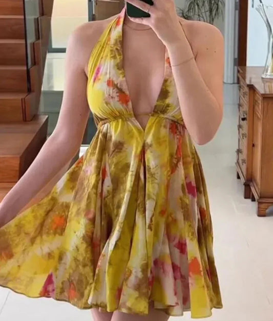 Summer Print Dress New Vacation Style Sleeveless Mini Dress Backless High Street Bodycon Dress