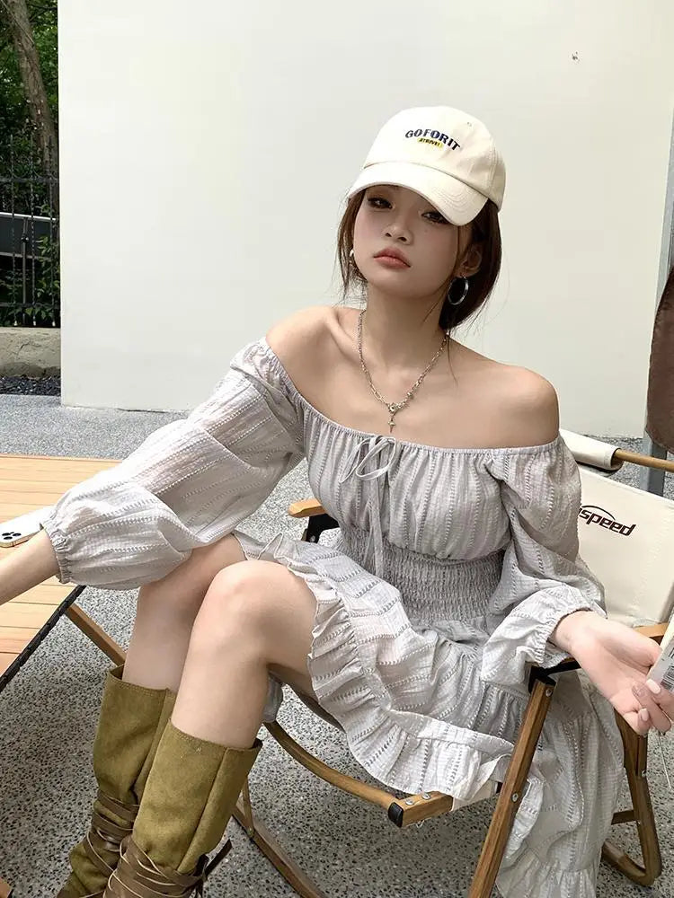 Summer New Gray Ruffles Laceup Pleated Mini Dress French High Waist Long Sleeves Vacation Short Dress Simple