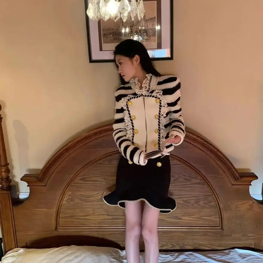 Skirt Twopiece Skirt Suit Knitted Sweater Winter Chaebol Style Heavy Industry Design Stripe New Highwaisted