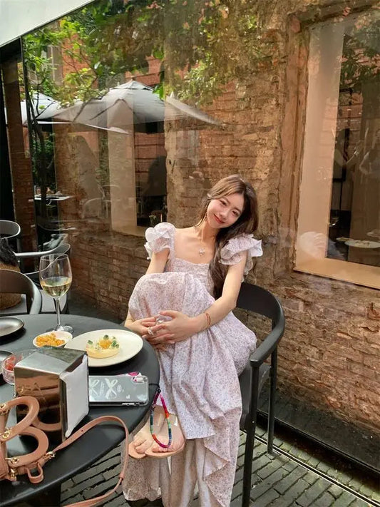 Purple Square Collar Flower Bud Sleeve Dress Summer New Fresh Sweet Fairy Temperament Long Dresses