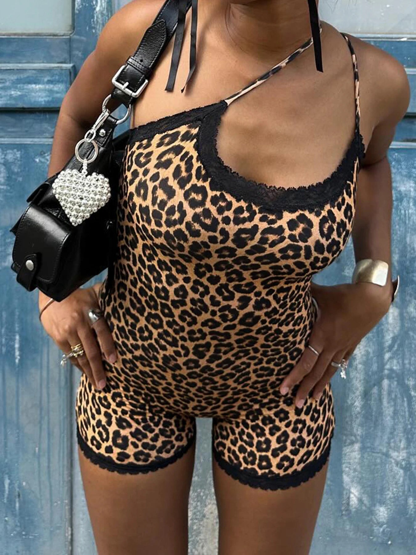Sleeveless Skinny Leopard Rompers Contrast Lace Patchwork Camisole Bodys Rave Street Club Playsuit