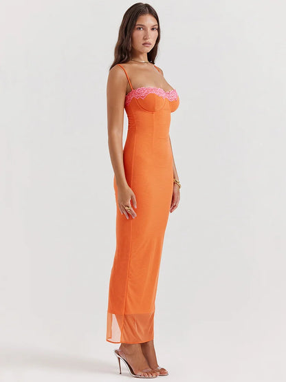 Lace Spaghetti Strap Bodycon Maxi Dress Robe New Patchwork Strapless Sleeveless Backless Club Party Dress