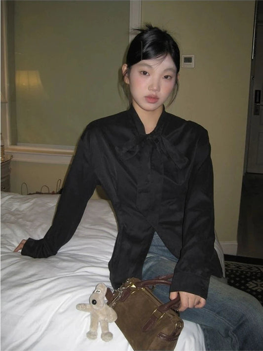Black Shirts for Slim Long Sleeve Blouse With Bow Pleated Tops Korean Spring Autumn Office Clothes