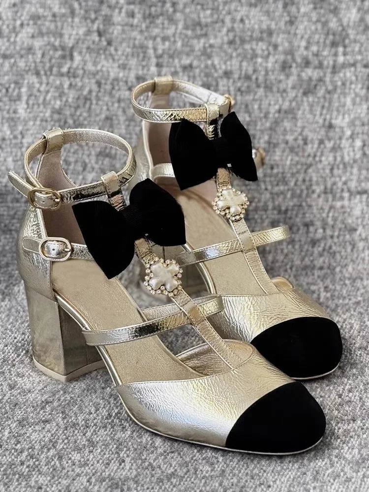 Block Heels Sandals Gold Metallic Effect Rhinestone Pearl Decor Ttied Bow Sweet Patchwork Design Shoes Hollow