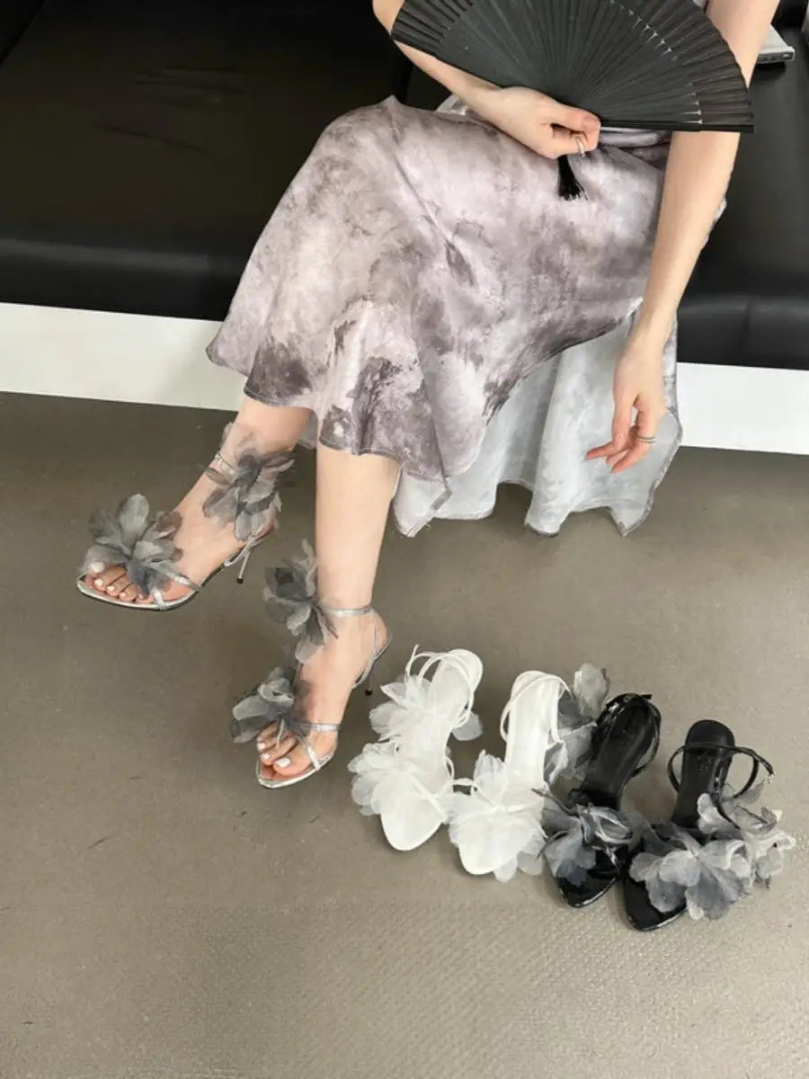 Mesh Flower Sandals Stiletto Heels Open Toe Ankle Straps Summer Hollow Dress Party Daily Shoes