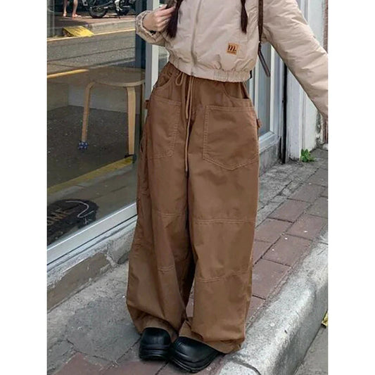 Plain Spliced Wide Leg Cargo Pants Big Pockets Drawstring Low Waist Loose Draped Sweatpants Lounge