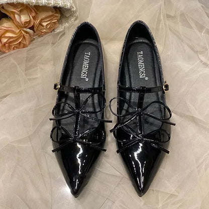 Pointed Toe Metal Buckle Bow T Strap Mary Jane Flats Banquet Dress Design Comfortable Single Shoes