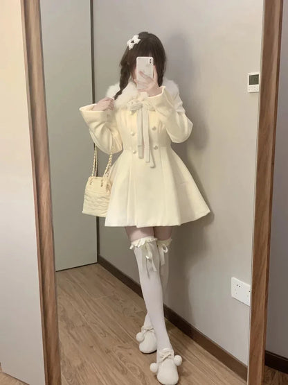 Sweet Hot Girl Fur Collar Slim Fit Woolen Coat Autumn Winter Preppy Style Doublebreasted Jacket Female Clothes