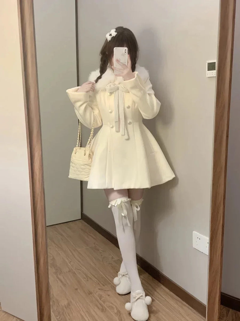 Sweet Hot Girl Fur Collar Slim Fit Woolen Coat Autumn Winter Preppy Style Doublebreasted Jacket Female Clothes