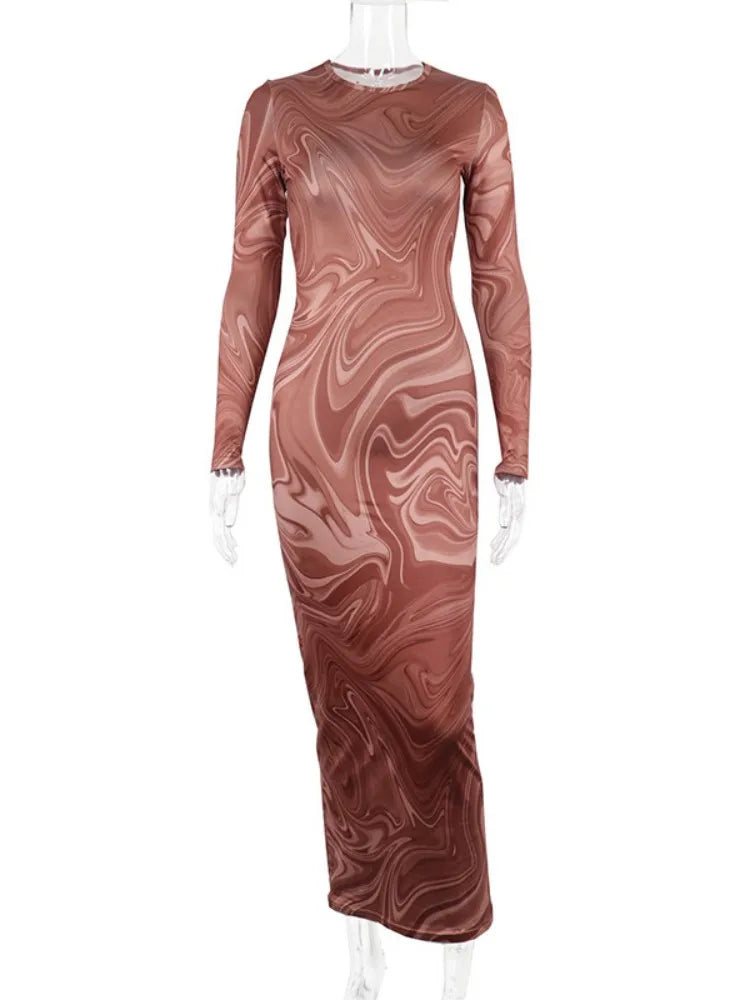Bodycon Long Dresses for One Piece Club Outfit Evening Party Clothes O-neck Mid Calf Vestidoes De Mujer