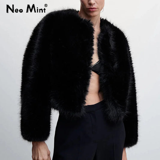Ins Hot Brand Black Warm Cozy Cropped Faux Fur Coat Winter Street Short Fur Jacket