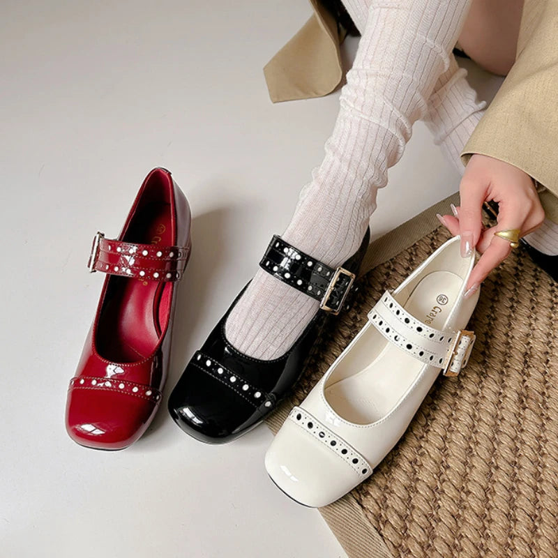Sweet Patent Leather Buckle Strap Mary Jane Shoes New Round Toe Dress Pumps Shoes Brand Designer High Heels
