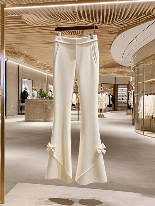 Winter Thick High Waist White Knitted Pants for Korean Sweet Bow Slimming Straight Tube Flare Pants Trousers