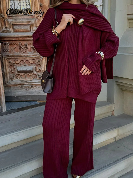 Lazy Loose Knit Burgundy Red Pant Set With Scarf Long Sleeve V-neck Jumper Wide Leg Full-length Pants Suit Lady Outfits