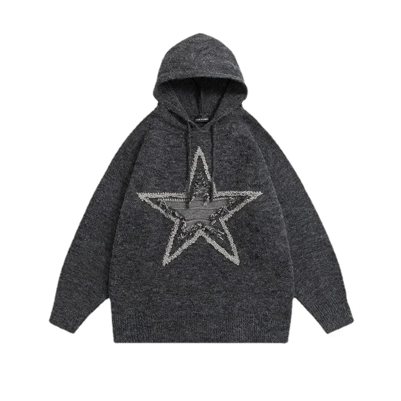 Star Graphic Knitted Hoodie Loose Long Sleeve Sweater Pullover for Autumn Harajuku Tops