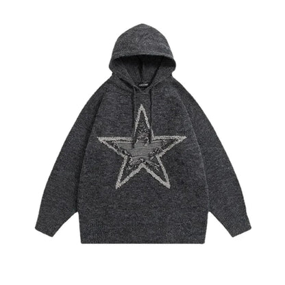 Star Graphic Knitted Hoodie Loose Long Sleeve Sweater Pullover for Autumn Harajuku Tops