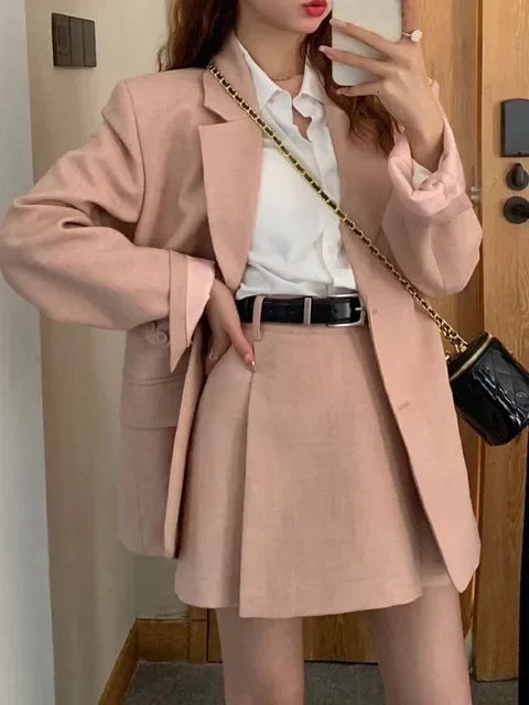 Korean Blazer Two Pieces Set Loose Jackets Coat Mini Skirts Suit Female Formal Outfits
