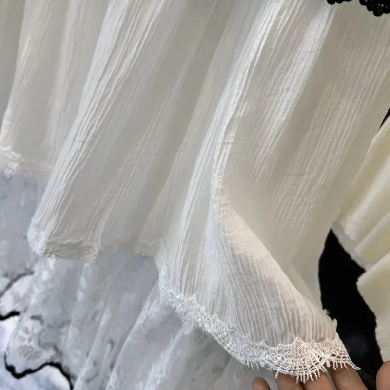 Spring Summer Lace Skirts Contrast Color Ruffles Sweet Jupe Femme Korean Retro Long Skirt