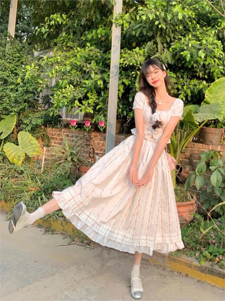 Summer Korean Ruffles Fairy 2 Pieces Set Square Collar Princess Kawaii Print Blouse+high Waist Skirts Suits