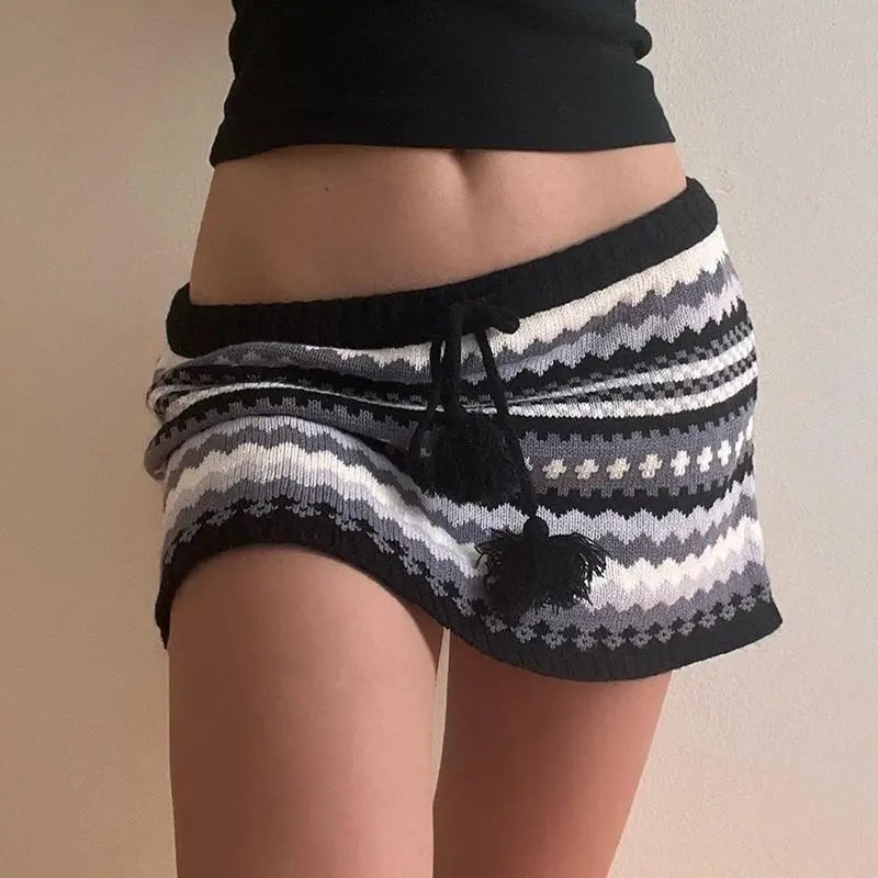 American Style Knitted Skirt Contrasting Color Laceup Striped Printed Hip Skirt Slim Fit Wool Knit Hot Girl Skirt