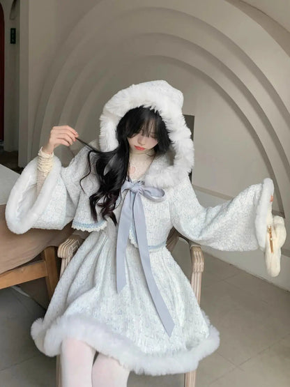 Autumn/winter New Set Sweet Girl Bow Plush Hooded Coat Slimming Aline Strap Camisole Dress Two Piece Sets Outfits