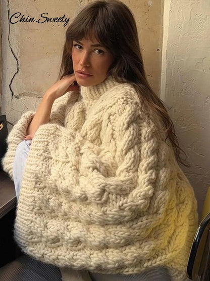 Knit Oversize High Neck Jumper Sweater Lazy Round Neck Ribbed Pullover Female Autumn Winter Thick Warm Lady Knitwear