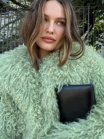 Fluffy Faux Fur Jacket Coat Oversize Long Sleeve Lapel Plush Overcoat Winter Lady Thicken Warm Outwear