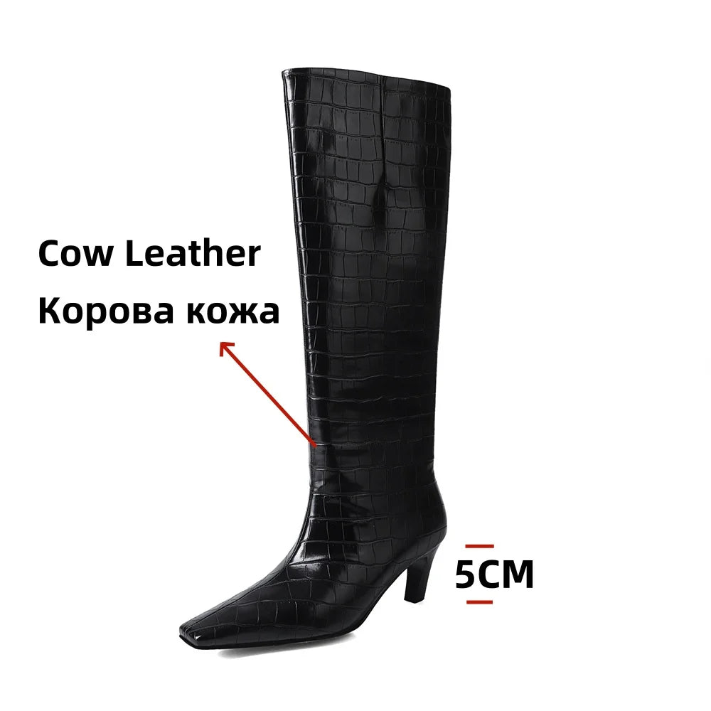 Knee High Boots for Stone Pattern Leather High Heels Autumn Winter Shoes Lady Long High Party Knight Booties