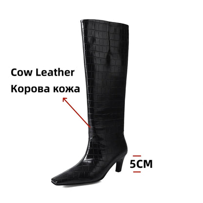 Knee High Boots for Stone Pattern Leather High Heels Autumn Winter Shoes Lady Long High Party Knight Booties