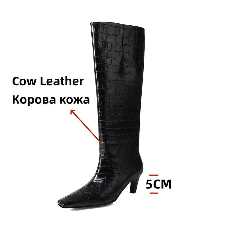 Knee High Boots for Stone Pattern Leather High Heels Autumn Winter Shoes Lady Long High Party Knight Booties