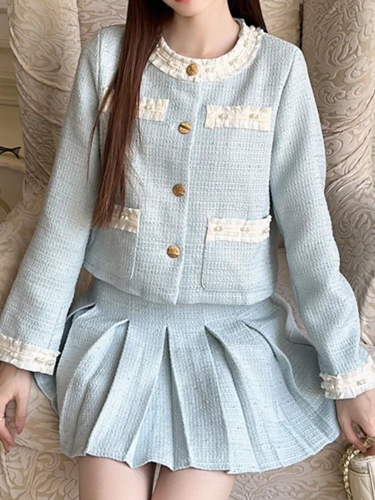 Spring Summer Korean Skirts Suit Coat A-line Pleated Skirts Two Pieces Set Female Clothes New