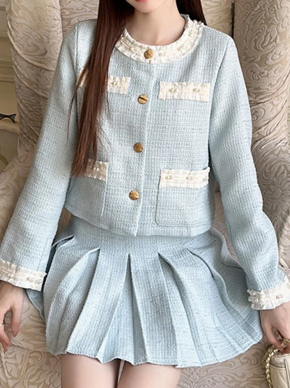 Spring Summer Korean Skirts Suit Coat A-line Pleated Skirts Two Pieces Set Female Clothes New